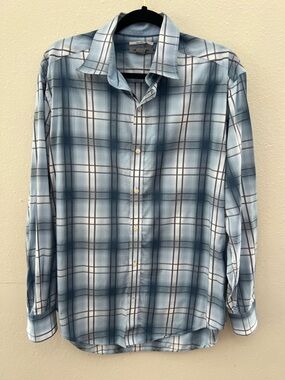 Johnston & Murphy Blue Plaid Button Down Shirt Men’s Large Tailored Fit